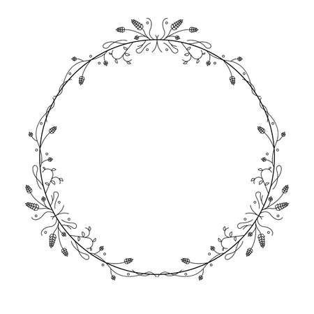 Abstract Black Simple Line Round Circle With Leaf Leaves Frame Flowers Doodle Outline Element Vector Design Style Sketch Isolated Illustration For Wedding And Bannerのイラスト素材