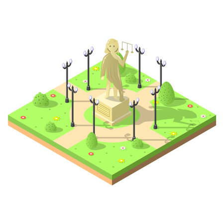 Abstract Isometric 3D Green Park With Statue Bushes Lanterns Flowers Vector Design Style Relax Travel Garden Nature Waterのイラスト素材