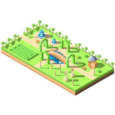 Isometric 3D Green Park Trees Pond Fountain Alcove Statue Vector Design Styleのイラスト素材