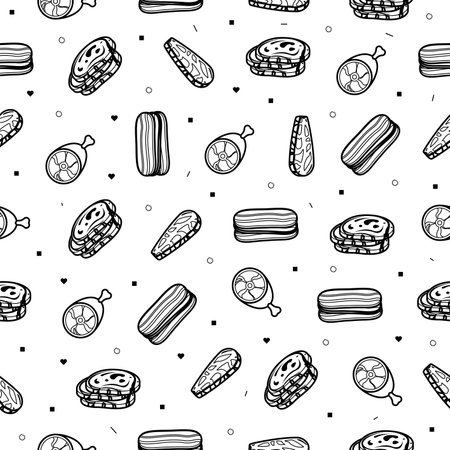 Abstract Doodle Seamless Pattern, Hand Drawn Meat Butcher Food Elements. Vector Design Style Background Illustration Iconsのイラスト素材