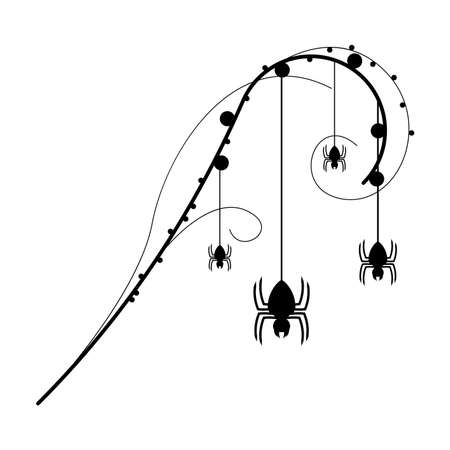 Spiders on Web with white Background. Flower Plant Brunch Halloween Background Design Element. Spooky, Scary Horror Decoration Vectorのイラスト素材