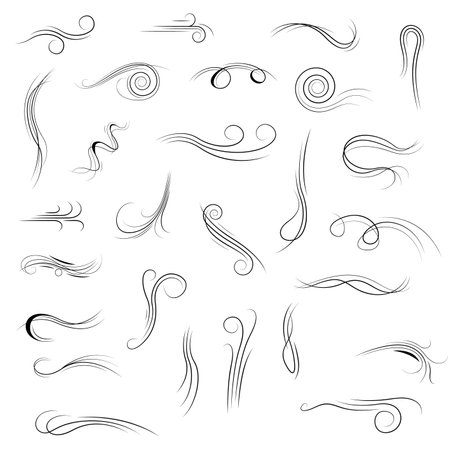 Big Set Black Collection Simple Line Winds Gust Squall Curl Doodle Outline Nature Element Vector Design Style Sketch Isolated Illustrationのイラスト素材
