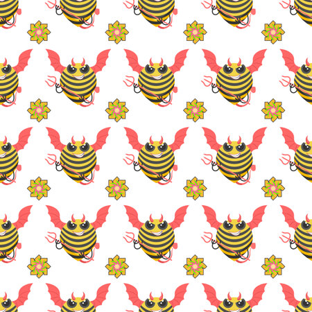 Seamless Pattern Abstract Elements Different Bee Insect Beetle With Flower Vector Design Style Background Illustration Texture For Prints Textiles, Clothing, Gift Wrap, Wallpaper,のイラスト素材