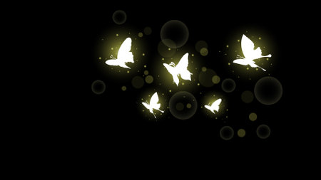 Abstract Dark Background With Butterflies Insects Glow Light Shine Flashes Vector Design Styleのイラスト素材