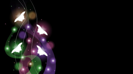 Abstract Dark Background With Butterflies Insects Glow Light Shine Flashes Vector Design Styleのイラスト素材