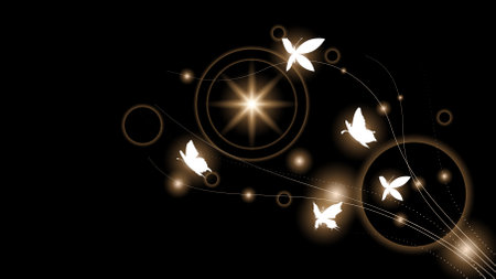Abstract Dark Background With Butterflies Insects Glow Light Shine Flashes Vector Design Styleのイラスト素材
