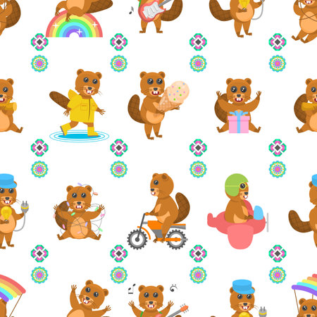 Seamless Pattern Abstract Flat Cartoon Different Animal Beavers Vector Design Style Elements Fauna Wildlifeのイラスト素材