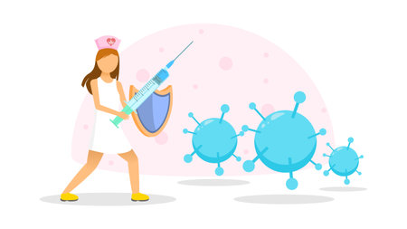 Abstract Flat Medic Woman Protecting Gerself From The Virus Cartoon People Character Concept Illustration Vector Design Style Coronavirus COVID-19 Mass Vaccination Healthcare Epideのイラスト素材