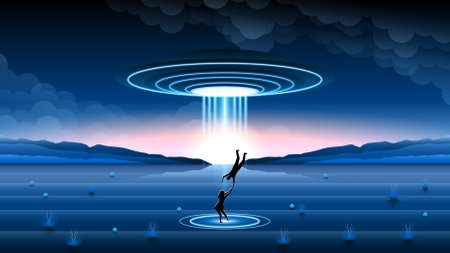 Abstract Aliens On Flying Saucers In Dark Space Planet Background Gradient Unidentified Flying Object Ufo Stars Vector Design Styleのイラスト素材