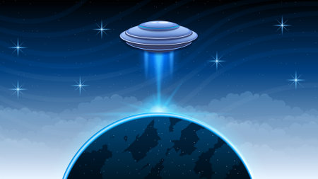 Abstract Aliens On Flying Saucers In Dark Space Planet Background Gradient Unidentified Flying Object Ufo Stars Vector Design Styleのイラスト素材