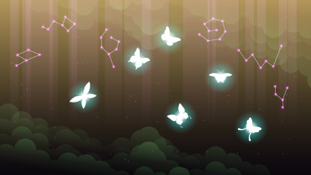 Abstract Dark Background With Butterflies Insects Glow Light Shine Flashes Vector Design Styleのイラスト素材