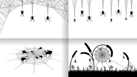 Set Spiders on Web Collection with white Background. Halloween Background Design Element. Spooky, Scary Horror Decoration Vectorのイラスト素材