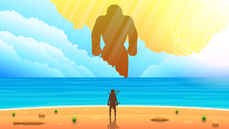 ABstract Dark Background Mountains Ninja Moon Person Silhouette Birds Clouds Sky People Night Vector Design Styleのイラスト素材