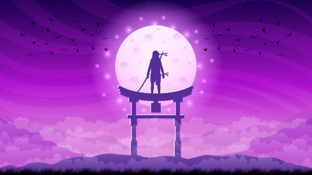 ABstract Dark Background Mountains Ninja Moon Person Silhouette Birds Clouds Sky People Night Vector Design Styleのイラスト素材