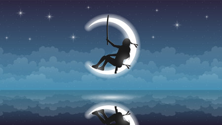 ABstract Dark Background Mountains Ninja Moon Person Silhouette Birds Clouds Sky People Night Vector Design Styleのイラスト素材