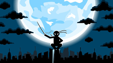 ABstract Dark Background Mountains Ninja Moon Person Silhouette Birds Clouds Sky People Night Vector Design Styleのイラスト素材