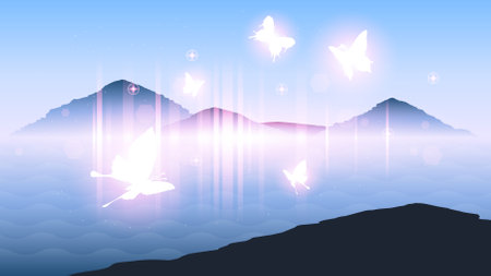 Abstract Dark Background With Butterflies Insects Glow Light Shine Flashes Vector Design Styleのイラスト素材