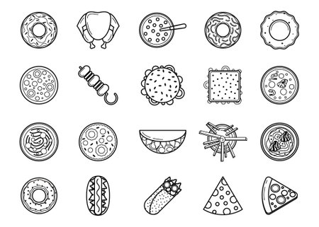 Set Abstract Doodle Elements Hand Drawn Collection Fast Food Pizza Hamburger Snack Drink Croissant Sketch Vector Design Style Background Menu Illustration Iconsのイラスト素材