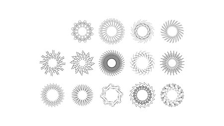 Set Abstract Collection Round Circles Starburst Sunburst Sunset Black Line Doodle Design Elements Bursting Rays Sunrise Shine Light Radiant Sparkles Vector Design Styleのイラスト素材