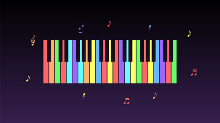 Abstract Piano Music Keyboard Instrument With Flying Keys And Notes Song Melody Audio Sound Vector Design Style Concept For Concert, Performance, Relaxのイラスト素材