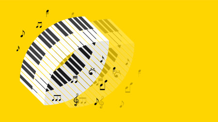 Abstract Piano Music Keyboard Instrument With Flying Keys And Notes Song Melody Audio Sound Vector Design Style Concept For Concert, Performance, Relaxのイラスト素材
