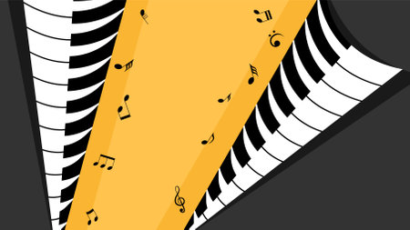 Abstract Piano Music Keyboard Instrument With Flying Keys And Notes Song Melody Audio Sound Vector Design Style Concept For Concert, Performance, Relaxのイラスト素材