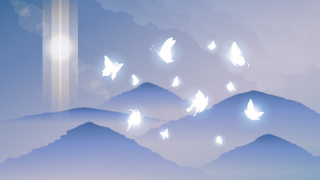 Abstract Dark Background With Butterflies Insects Glow Light Shine Flashes Vector Design Styleのイラスト素材