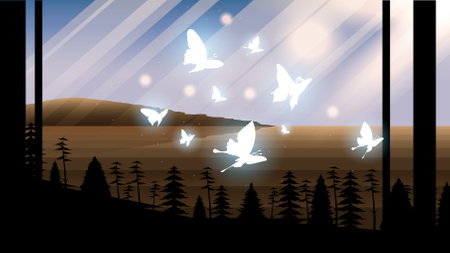 Abstract Dark Background With Butterflies Insects Glow Light Shine Flashes Vector Design Styleのイラスト素材