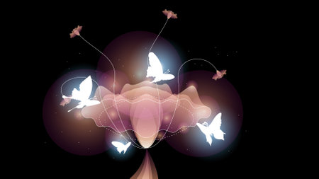 Abstract Dark Background With Butterflies Insects Glow Light Shine Flashes Vector Design Styleのイラスト素材