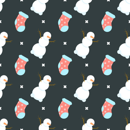 Seamless Pattern Abstract Winter Happy New Year Christmas Snowmans, Socks, Vector Design Style Background Illustration Texture For Prints Textiles, Clothing, Gift Wrap, Wallpaperのイラスト素材