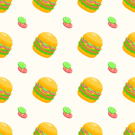 Seamless Pattern Abstract Elements Fast Food Hamburger Cheeseburger With Vector Design Style Background Illustration Texture For Prints Textiles, Clothing, Gift Wrap, Wallpaperのイラスト素材