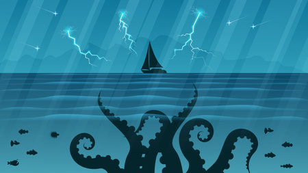 Blue Underwater Abstract Paper Cut Background Vector Sea Ocean Fish Seaweed Wave Nature Shadows Anchor And Shipsのイラスト素材