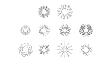 Set Abstract Collection Round Circles Starburst Sunburst Sunset Black Line Doodle Design Elements Bursting Rays Sunrise Shine Light Radiant Sparkles Vector Design Styleのイラスト素材