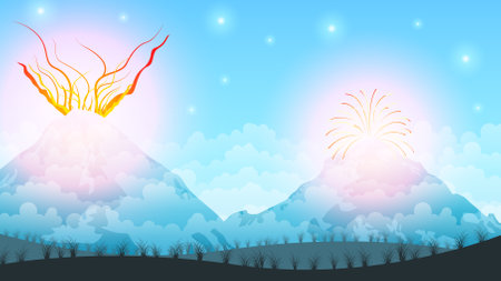 Abstract Background Sky Clouds Gradient Volcano Lava Fire Flame Eruption Nature Stars Water MoonVector Design Styleのイラスト素材