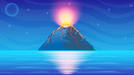 Abstract Background Sky Clouds Gradient Volcano Lava Fire Flame Eruption Nature Stars Water MoonVector Design Styleのイラスト素材