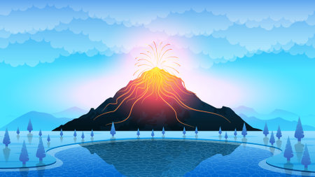 Abstract Background Sky Clouds Gradient Volcano Lava Fire Flame Eruption Nature Stars Water MoonVector Design Styleのイラスト素材