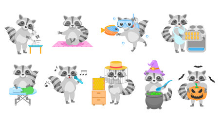 Big Set Abstract Collection Flat Cartoon Different Animal Raccoons Vector Design Style Elements Fauna Wildlifeのイラスト素材