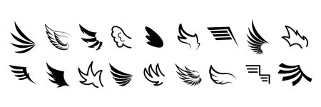 Set Black Line Flat Collection Wings Vector Icon Feather Design Style Decoration Cartoonのイラスト素材