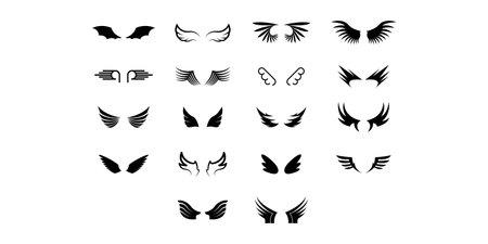 Set Black Line Flat Collection Wings Vector Icon Feather Design Style Decoration Cartoonのイラスト素材