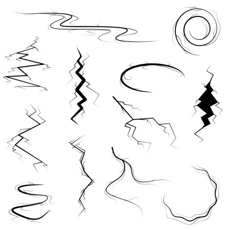 Set Black Collection Simple Line Cracked, Damaged, Hole, Earthquake, Destruction Doodle Outline Nature Element Vector Design Style Sketch Isolated Illustrationのイラスト素材