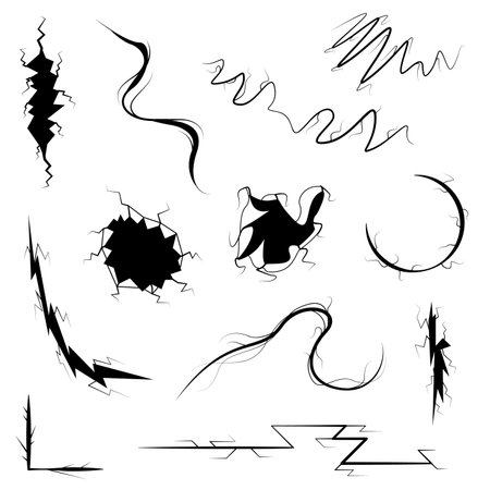 Set Black Collection Simple Line Cracked, Damaged, Hole, Earthquake, Destruction Doodle Outline Nature Element Vector Design Style Sketch Isolated Illustrationのイラスト素材