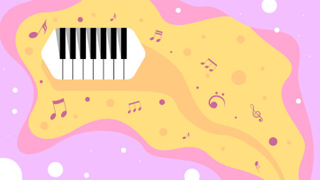 Abstract Piano Music Keyboard Instrument With Flying Keys And Notes Song Melody Audio Sound Vector Design Style Concept For Concert, Performance, Relaxのイラスト素材
