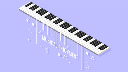 Abstract Piano Music Keyboard Instrument With Flying Keys And Notes Song Melody Audio Sound Vector Design Style Concept For Concert, Performance, Relaxのイラスト素材