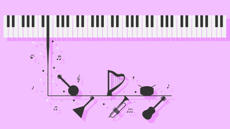 Abstract Piano Music Keyboard Instrument With Flying Keys And Notes Song Melody Audio Sound Vector Design Style Concept For Concert, Performance, Relaxのイラスト素材