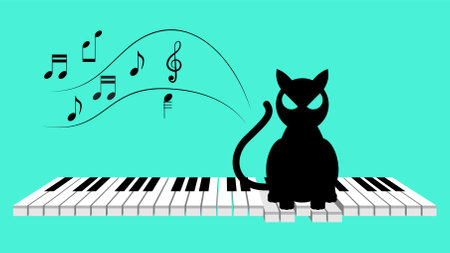 Abstract Piano Music Keyboard Instrument With Flying Keys And Notes Song Melody Audio Sound Vector Design Style Concept For Concert, Performance, Relaxのイラスト素材