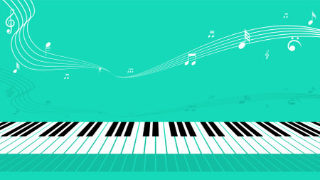 Abstract Piano Music Keyboard Instrument With Flying Keys And Notes Song Melody Audio Sound Vector Design Style Concept For Concert, Performance, Relaxのイラスト素材