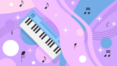 Abstract Piano Music Keyboard Instrument With Flying Keys And Notes Song Melody Audio Sound Vector Design Style Concept For Concert, Performance, Relaxのイラスト素材