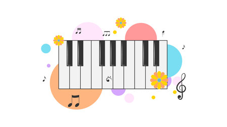 Abstract Piano Music Keyboard Instrument With Flying Keys And Notes Song Melody Audio Sound Vector Design Style Concept For Concert, Performance, Relaxのイラスト素材