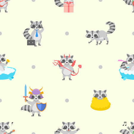 Seamless Pattern Abstract Elements Animal Raccoon Wildlife Vector Design Style Background Illustration Texture For Prints Textiles, Clothing, Gift Wrap, Wallpaper, Pastelのイラスト素材