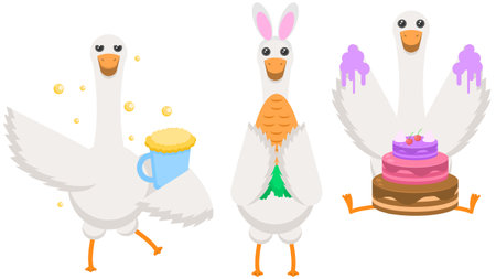 Big Set Abstract Collection Flat Cartoon Different Animal Birds Goose, Geese Vector Design Fauna Wildlifeのイラスト素材